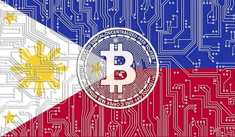 Flag of Philippines and bitcoin, Integrated Circuit Board pattern. Bitcoin St Stock Illustration