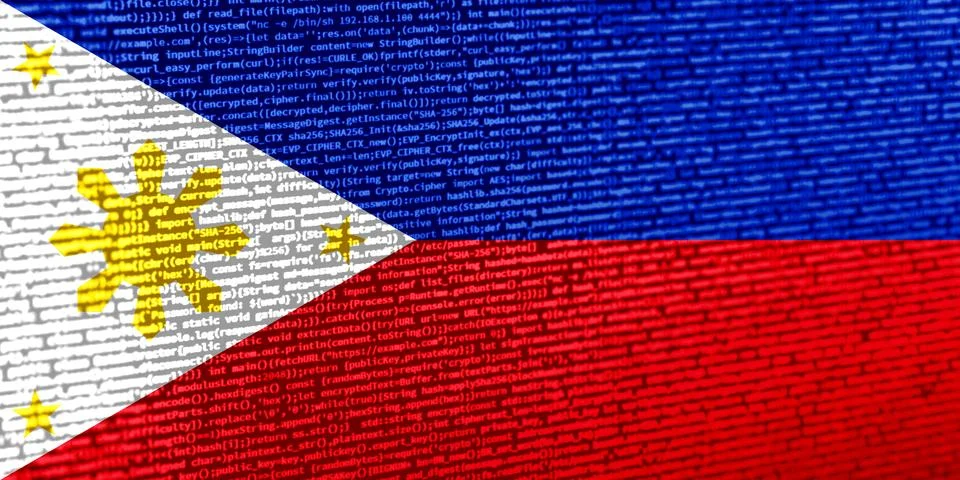 Flag of the Philippines over digital code. Concept of cybersecurity, innova.. Photos