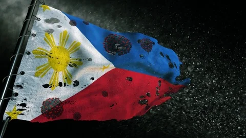 The flag of Philippines is torn and marked with the virus of covid-19 . Stockbeeldmateriaal 127199175
