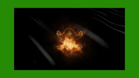 Flag of pirates skull icon fire effect green screen background Stock Footage 296666968