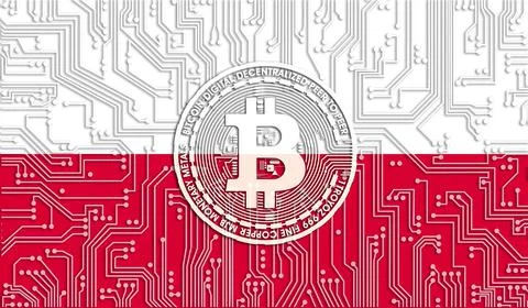 Flag of Poland and bitcoin, Integrated Circuit Board pattern. Bitcoin Stock G Stock Illustration
