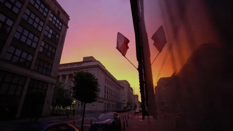 The flag of Poland on the background of the sunset in Warsaw. Stock Footage 204146809