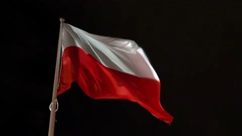 Flag of Poland Blowing in the Wind at Night Slow Motion Video stock 227346148