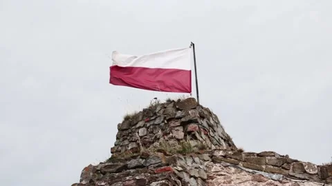 The flag of Poland develops in the wind against the background Stock Footage 160153412