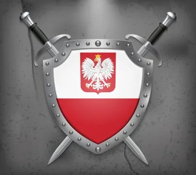 Flag of Poland with Eagle. The Shield with National Flag. Two Crossed Swords. Stock Illustration
