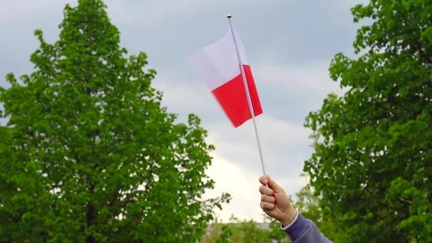 Flag of Poland flutters in the wind in the hand of a man. Stock Footage 241939332