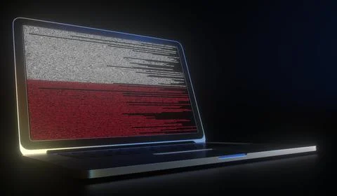 Flag of Poland made with computer code on the laptop screen. Hacking or 库存插图