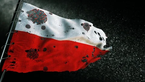 The flag of Poland is torn and marked with the virus of covid-19 . Stock-Footage 127199248