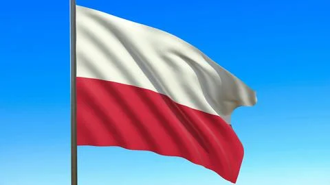 Flag of Poland waving in the wind on flagpole against the sky 3d-rendering イラスト素材