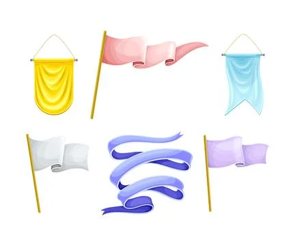 Flag on Pole and Pennant or Pennon Shaped Banner Made of Smooth Fabric Vector Stock Illustration