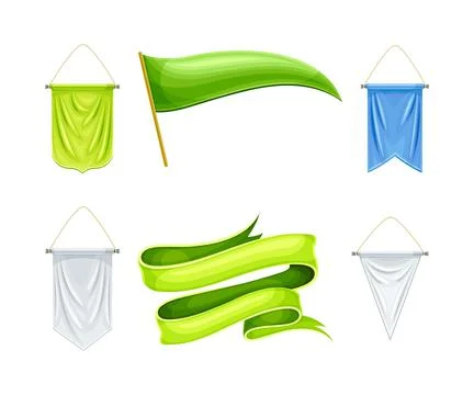 Flag on Pole and Pennant or Pennon Shaped Banner Made of Smooth Fabric Vector Stock Illustration