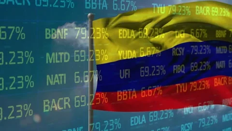 Flag on pole billowing from gusts while live market feed updates tickers, Stock Footage 330379388