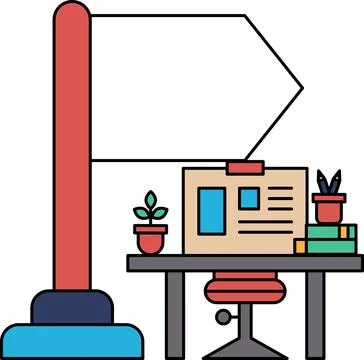 A flag is on a pole next to a desk with a laptop and a potted plant Stock Illustration