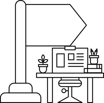 A flag is on a pole next to a desk with a laptop and a potted plant Stock Illustration