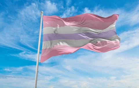 Flag of Pomosexuality waving in the wind at cloudy sky. Freedom and love conc Stock Illustration