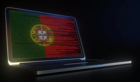 Flag of Portugal made with computer code on the laptop screen. Hacking or 스톡 일러스트