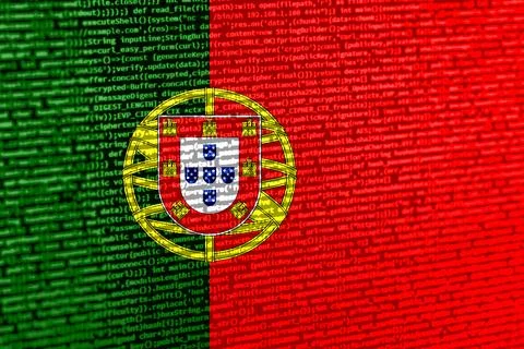 Flag of Portugal over digital code. Concept of cybersecurity, innovation, a.. Illustration