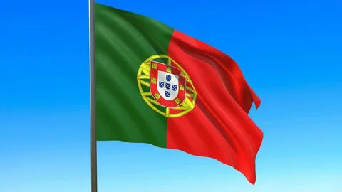 Flag of portugal waving in the wind on flagpole against the sky 3d-rendering Stockillustratie