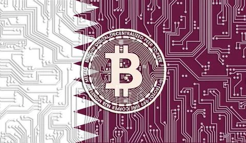 Flag of Qatar and bitcoin, Integrated Circuit Board pattern. Bitcoin Stock Gr Stock Illustration