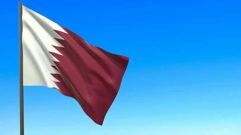 The flag of Qatar fluttering in the wind against a blue sky background 3d-ren イラスト素材