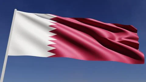 Flag of Qatar is flying in the wind on the blue sky. Realistic 3D rendering. Stock Illustration