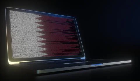 Flag of Qatar made with computer code on the laptop screen. Hacking or Stock Illustration