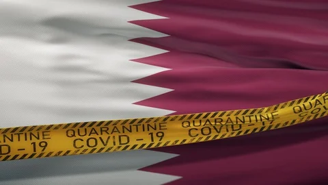 Flag of Qatar waving on wind with Covid-19 quarantine tape Stock Footage 127723979