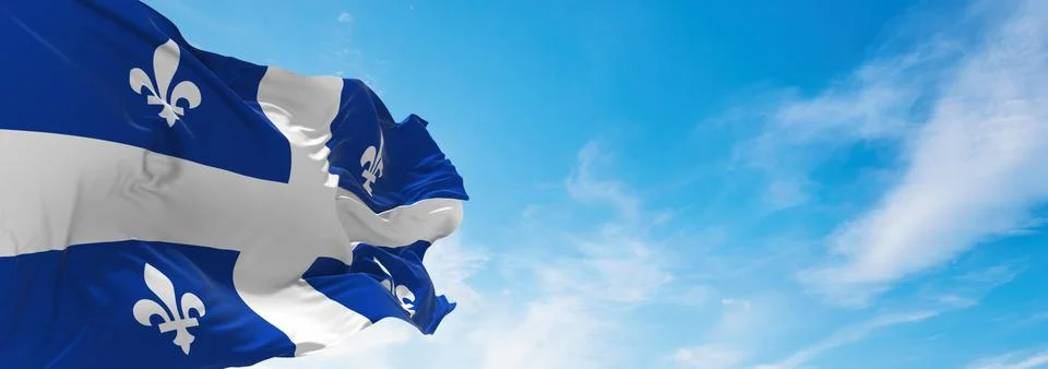 Flag of Quebec , Canada at cloudy sky background on sunset, panoramic view. C Stock Illustration