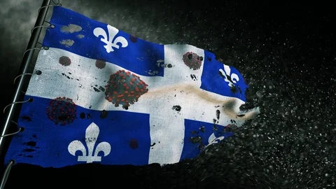 The flag of Quebec is torn and marked with the virus of covid-19 . 스톡 동영상 127199288