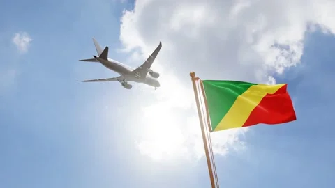 Flag of Republic of the Congo with Airplane arriving or departing, Animation Video stock 137547446