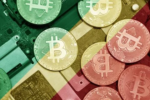 Flag of republic of the congo on the bitcoins with computer electronic circui Stock Photos