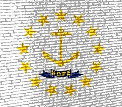 Flag of Rhode Island over digital code. Concept of cybersecurity, innovatio.. Illustration