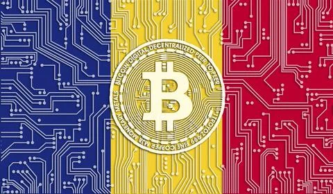 Flag of Romania and bitcoin, Integrated Circuit Board pattern. Bitcoin Stock  Stock Illustration