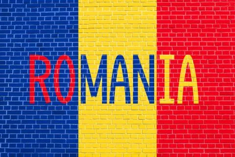 Flag of Romania on brick wall texture background. Romanian national flag. 스톡 일러스트