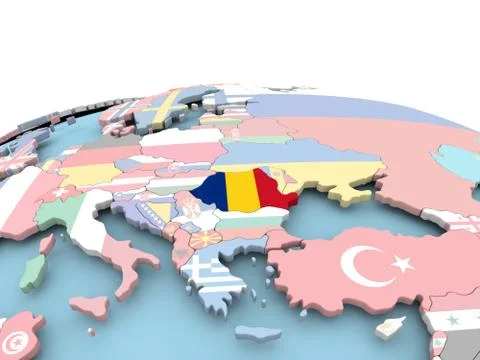 Flag of Romania on bright globe Stock Illustration