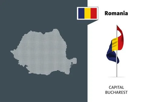 Flag of Romania on white background. Dotted map of Romania Stock Illustration