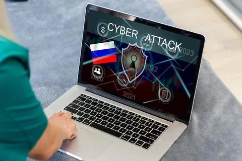 Flag of Russia , computer, laptop on table and dark background Foto stock