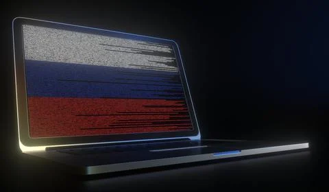 Flag of Russia made with computer code on the laptop screen. Hacking or Stock Illustration