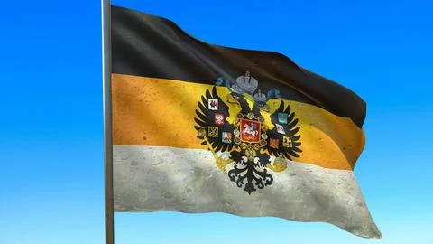 Flag of the Russian empire waving in the wind on flagpole against the sky 3d- イラスト素材