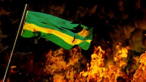 Flag of Rwanda on burning fire background - hard times concept 스톡 일러스트