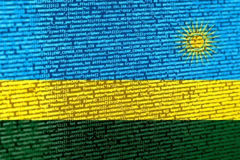 Flag of Rwanda over digital code. Concept of cybersecurity, innovation, and.. Illustration