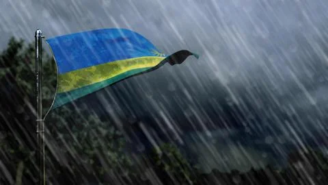 Flag of Rwanda with rain and dark clouds, tempest forecast symbol 스톡 일러스트