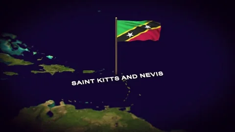 The Flag of Saint Kitts and Nevis on the World Map, Saint Kitts 3d animation Stock Footage 306612672