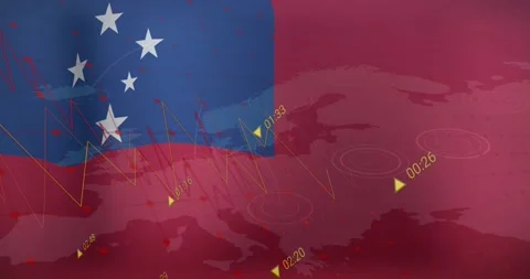 Flag of Samoa and time markers animation over red map background Stock Footage 330169372