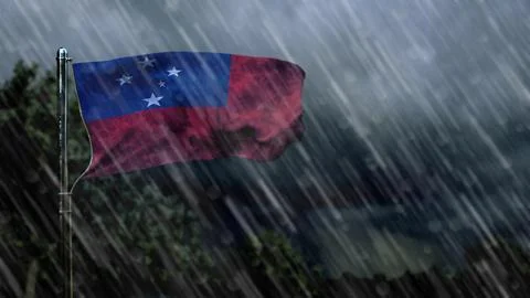 Flag of Samoa with rain and dark clouds, thunderstorm forecast symbol Stock Illustration