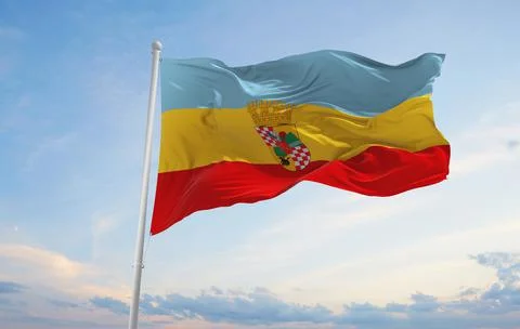 Flag of San Bernardo , Chile at cloudy sky background on sunset, panoramic vi Stock Illustration