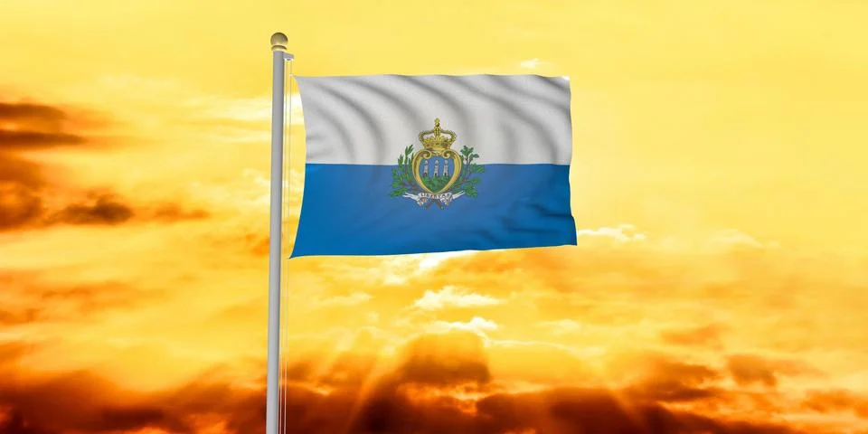 Flag of San Marino 3D illustration with realistic texture and sunset Stock Illustration