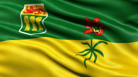 Flag of Saskatchewan waving in the wind. 3D illustration. Stock Illustration