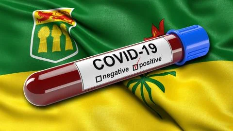 Flag of Saskatchewan waving in the wind with a positive Covid-19 blood test t Stock Illustration
