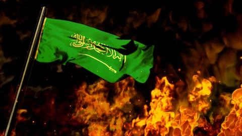 Flag of Saudi Arabia on burning fire backdrop - hard times concept Stock Illustration